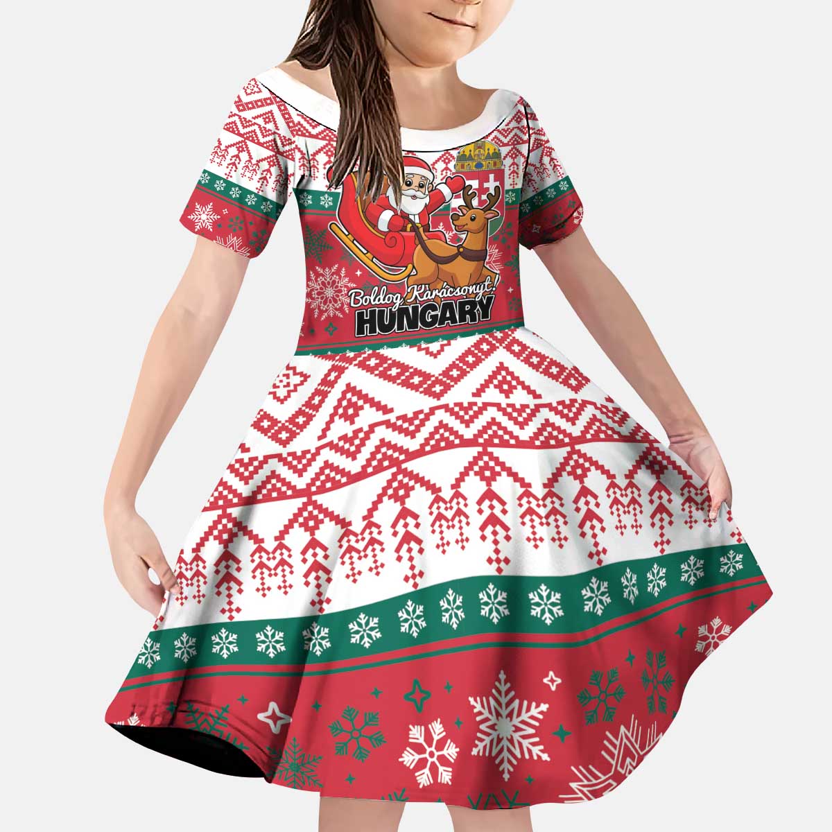 Personalized Hungary Christmas Kid Short Sleeve Dress Magyarorszag Boldog Karacsonyt - Wonder Print Shop