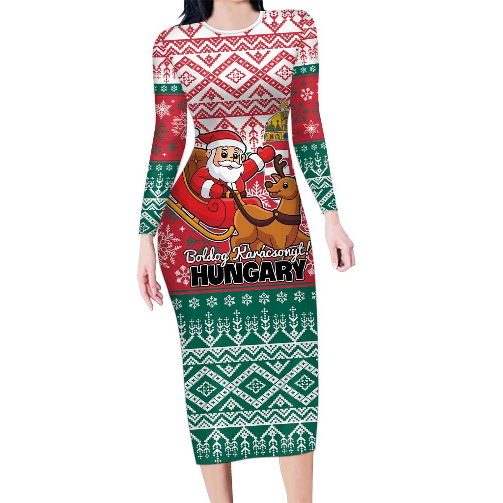 Personalized Hungary Christmas Long Sleeve Bodycon Dress Magyarorszag Boldog Karacsonyt - Wonder Print Shop