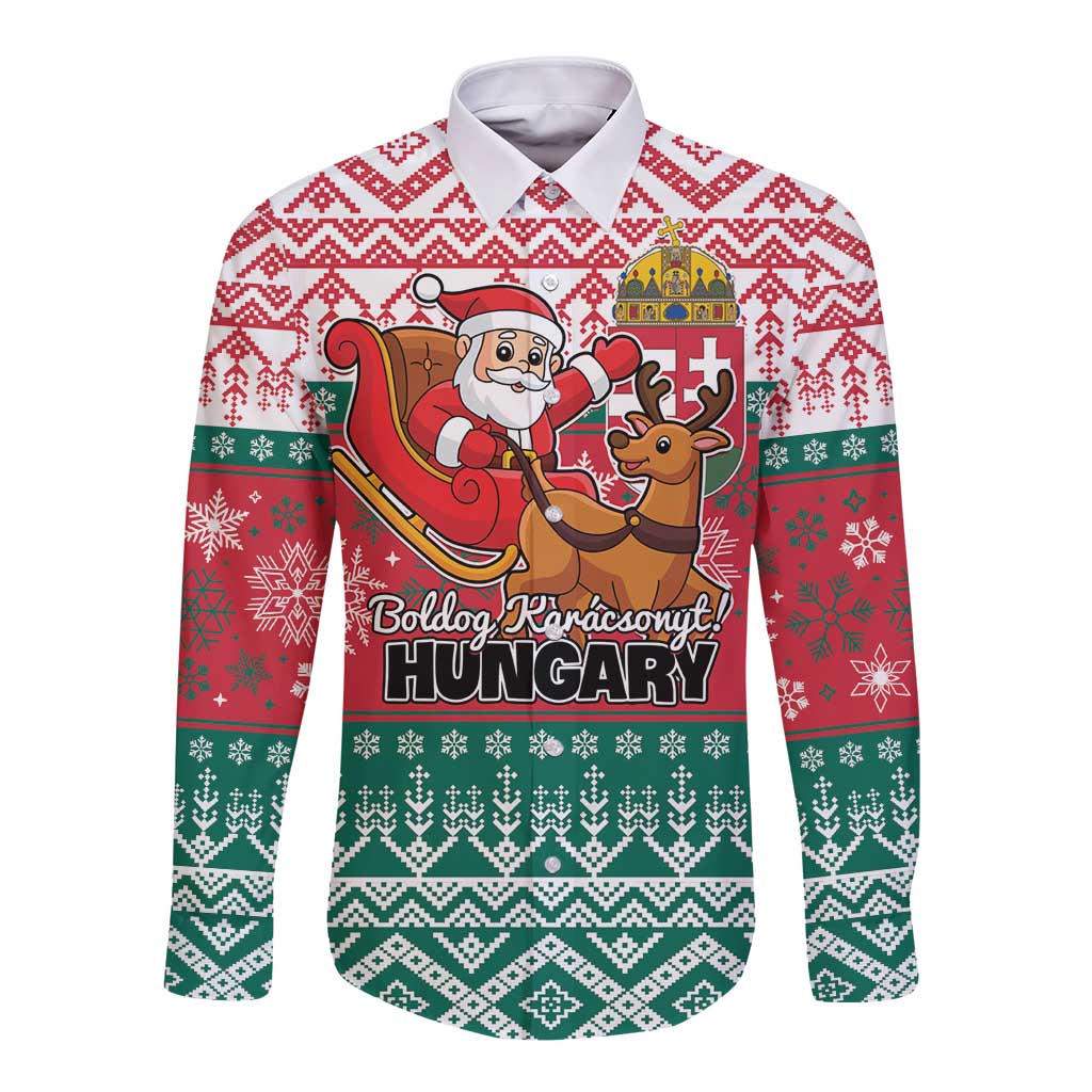Red long-sleeve button shirt with white trim, winter pattern and festive Hungary graphic