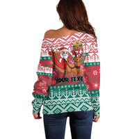Women’s off-shoulder Christmas sweater, back print with Santa and "YOUR TEXT"