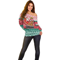 Women’s off-shoulder Christmas sweater, long sleeve red/green knit with festive scene