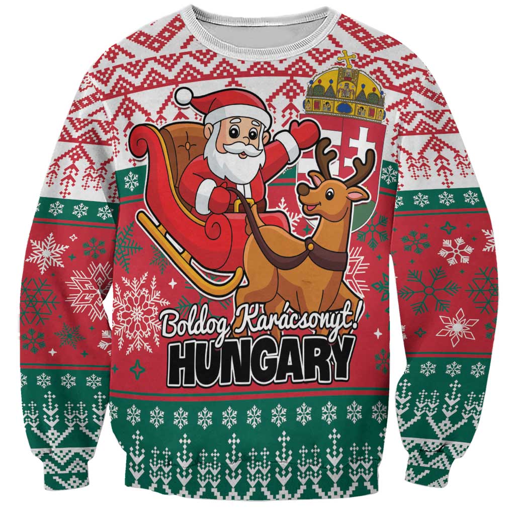 Unisex red and green Christmas sweatshirt with Santa and reindeer, Hungary text