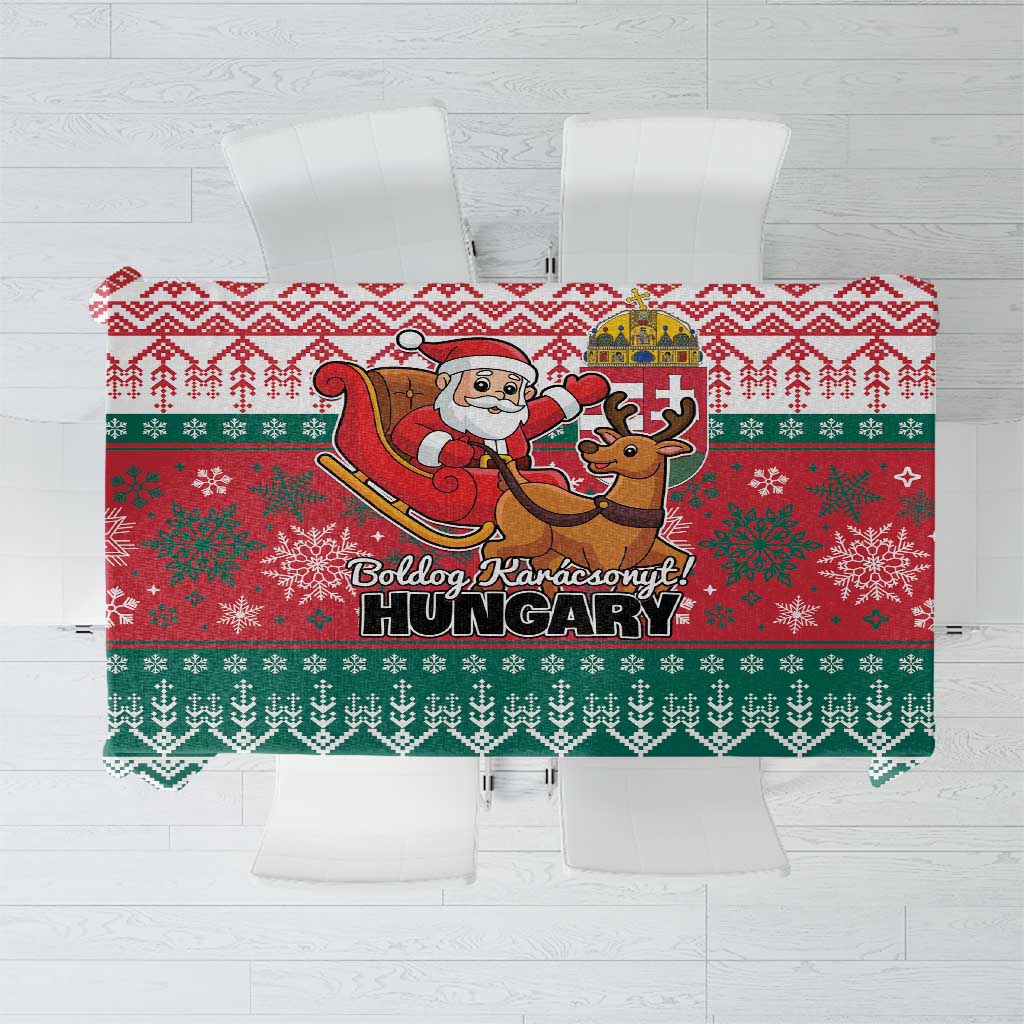 Red and green Hungary-themed Christmas tablecloth with Santa, reindeer, and festive border.