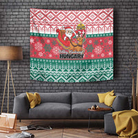 Hungarian Christmas tapestry with Santa and reindeer, red green festive pattern