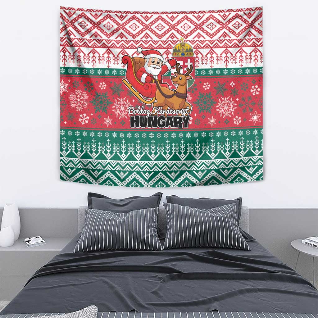 Hungarian Christmas tapestry featuring Santa with reindeer and Hungary text in red and green