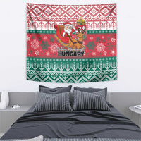 Hungarian Christmas tapestry featuring Santa with reindeer and Hungary text in red and green