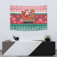 Hungarian Christmas tapestry with Santa, reindeer, and Hungary wordmark in red and green