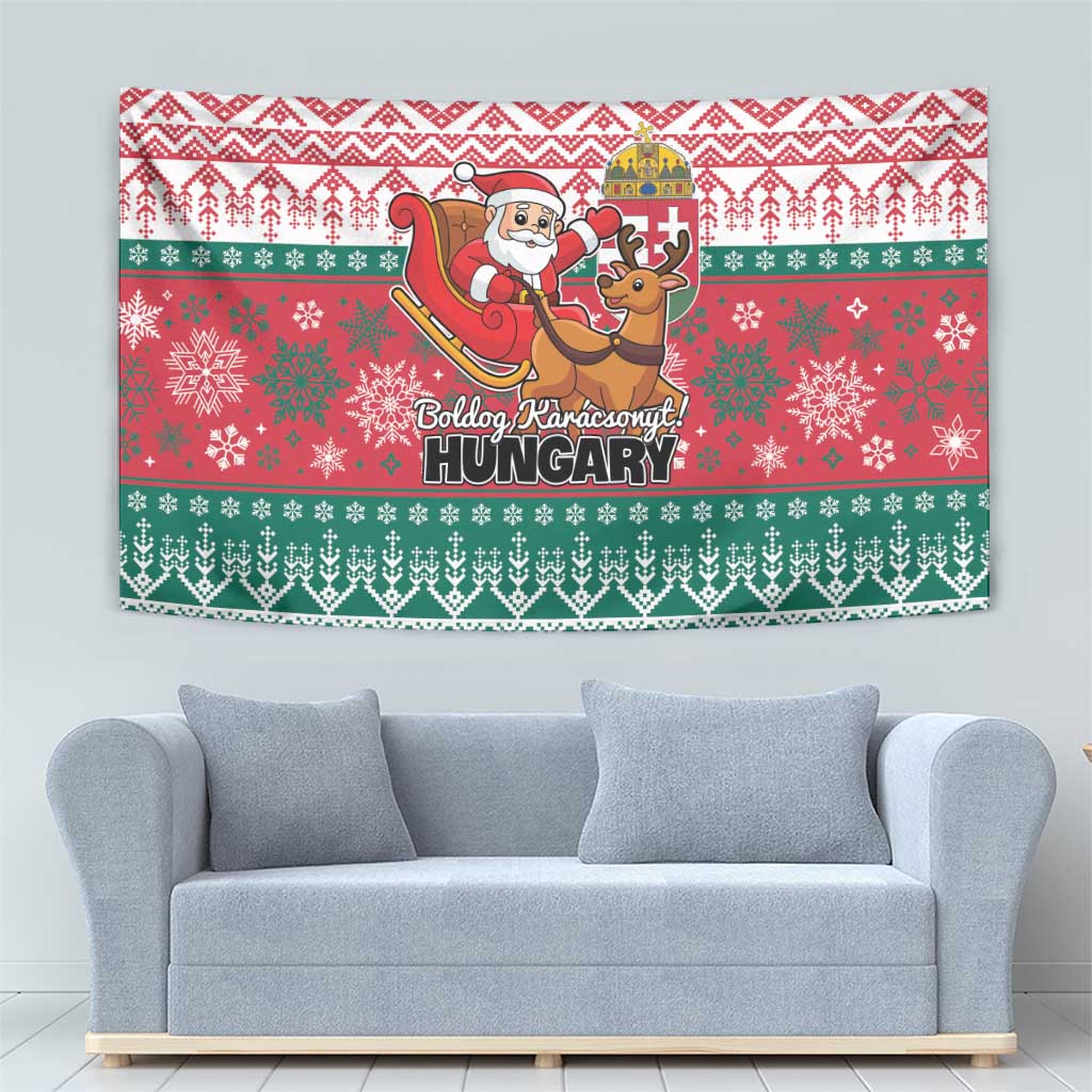 Hungarian Christmas wall tapestry with Santa and reindeer beside Hungary text, red green
