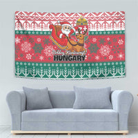 Hungarian Christmas wall tapestry with Santa and reindeer beside Hungary text, red green