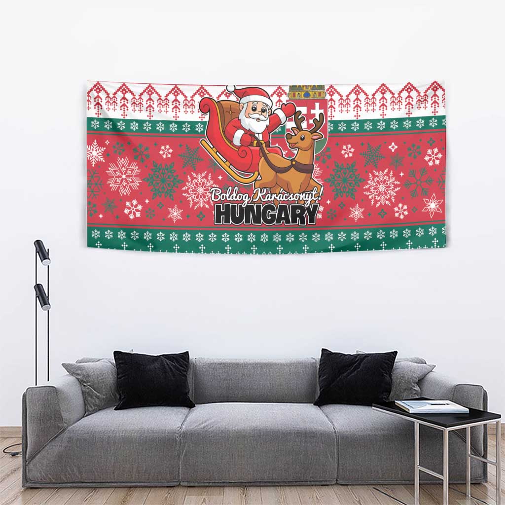 Hungarian Christmas tapestry showing Santa and reindeer with Hungary text, red and green