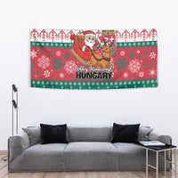 Hungarian Christmas tapestry showing Santa and reindeer with Hungary text, red and green