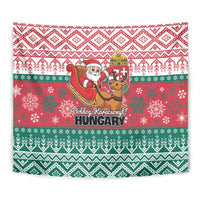 Hungarian Christmas tapestry close view of Santa and reindeer with Hungary text, red green