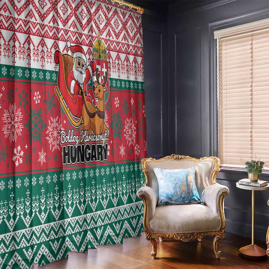 Red Christmas curtain panel with Santa, reindeer, and Hungarian greeting lettering