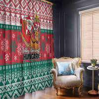 Red Christmas curtain panel with Santa, reindeer, and Hungarian greeting lettering