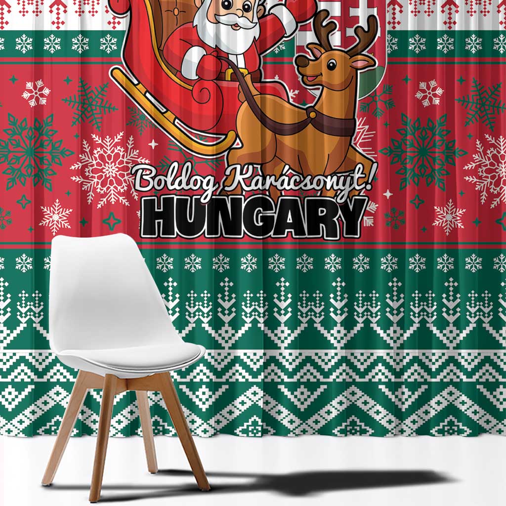 Christmas curtain with Santa and reindeer figures and 'Hungar y' text