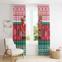 Red Christmas curtain panel with Santa and reindeer, plus Hungarian holiday text