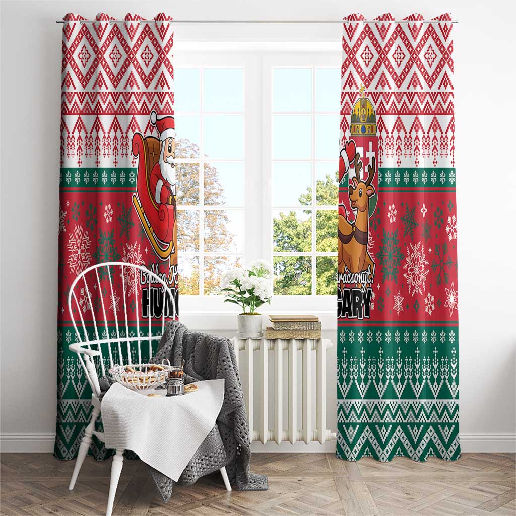 Red and green Christmas window curtain pair with Santa sleigh and reindeer