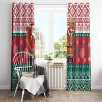 Red and green Christmas window curtain pair with Santa sleigh and reindeer
