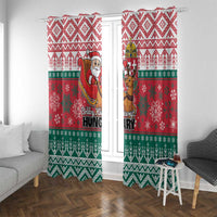 Red Christmas window curtain with Santa and reindeer print and diamond pattern top