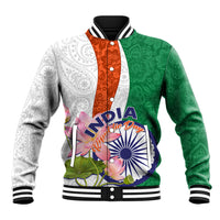 Color-block varsity baseball jacket with green, orange, and white lotus paisley graphics