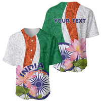 Baseball jersey set showing front and back: India script, lotus flowers, green/orange panels