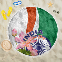 Round beach blanket with fringed edge, tricolor lotus floral and paisley India graphic