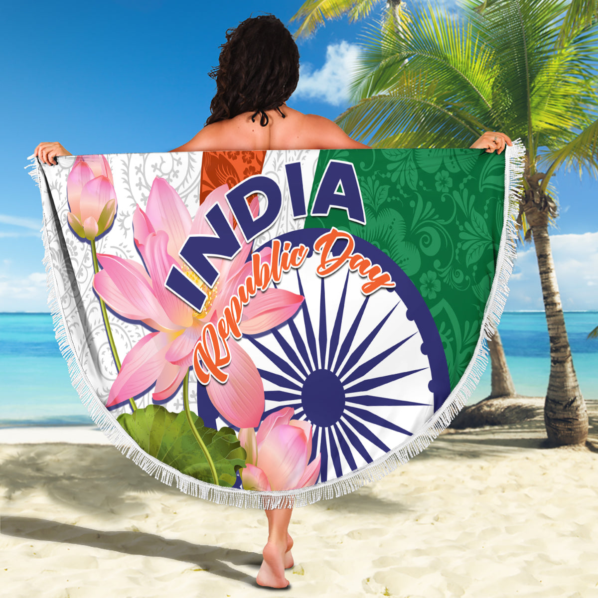Round beach blanket with fringed edge, large lotus and paisley India Independence Day graphic