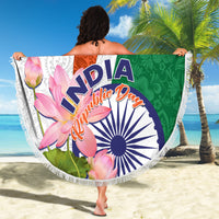 Round beach blanket with fringed edge, large lotus and paisley India Independence Day graphic