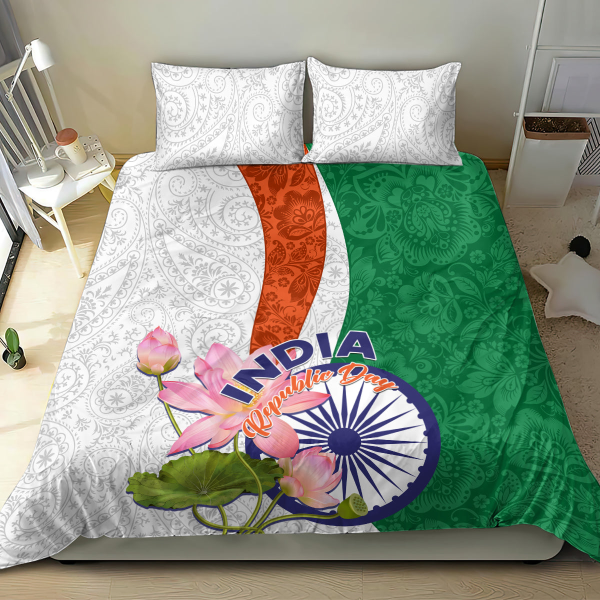 Bedding set: white paisley pillowcases, green and orange floral duvet cover with India emblem