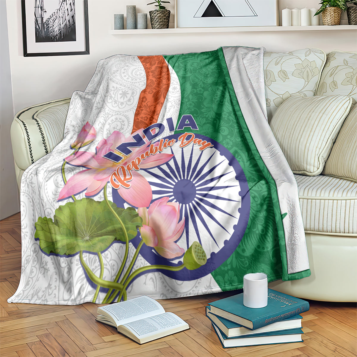 Floral paisley throw blanket with lotus flowers, India print, and green panel over white