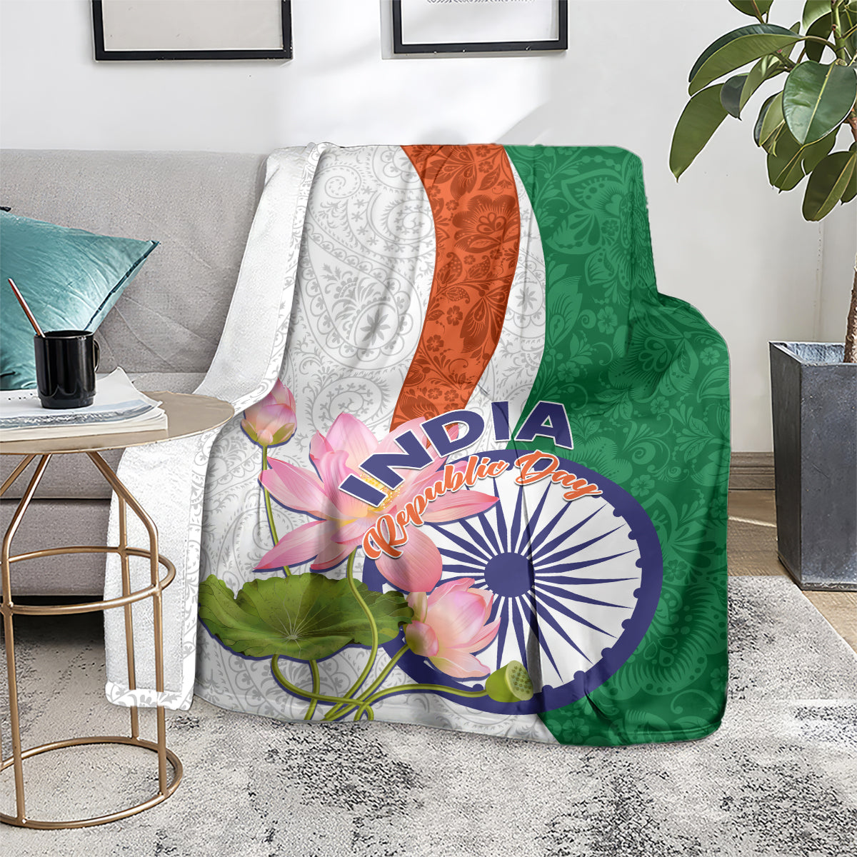 Floral paisley blanket with lotus and India graphic; green right side, white left side