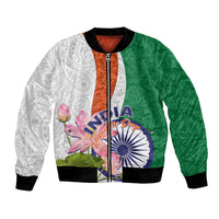 Unisex bomber jacket with zip front, green, white paisley and lotus floral graphic