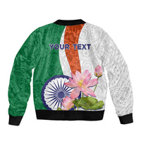 Unisex bomber jacket with black rib trim, green and white paisley, pink lotus print