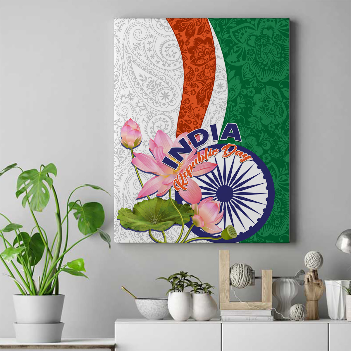 India Republic Day Canvas Wall Art Lotus Floral Paisley Pattern - Wonder Print Shop