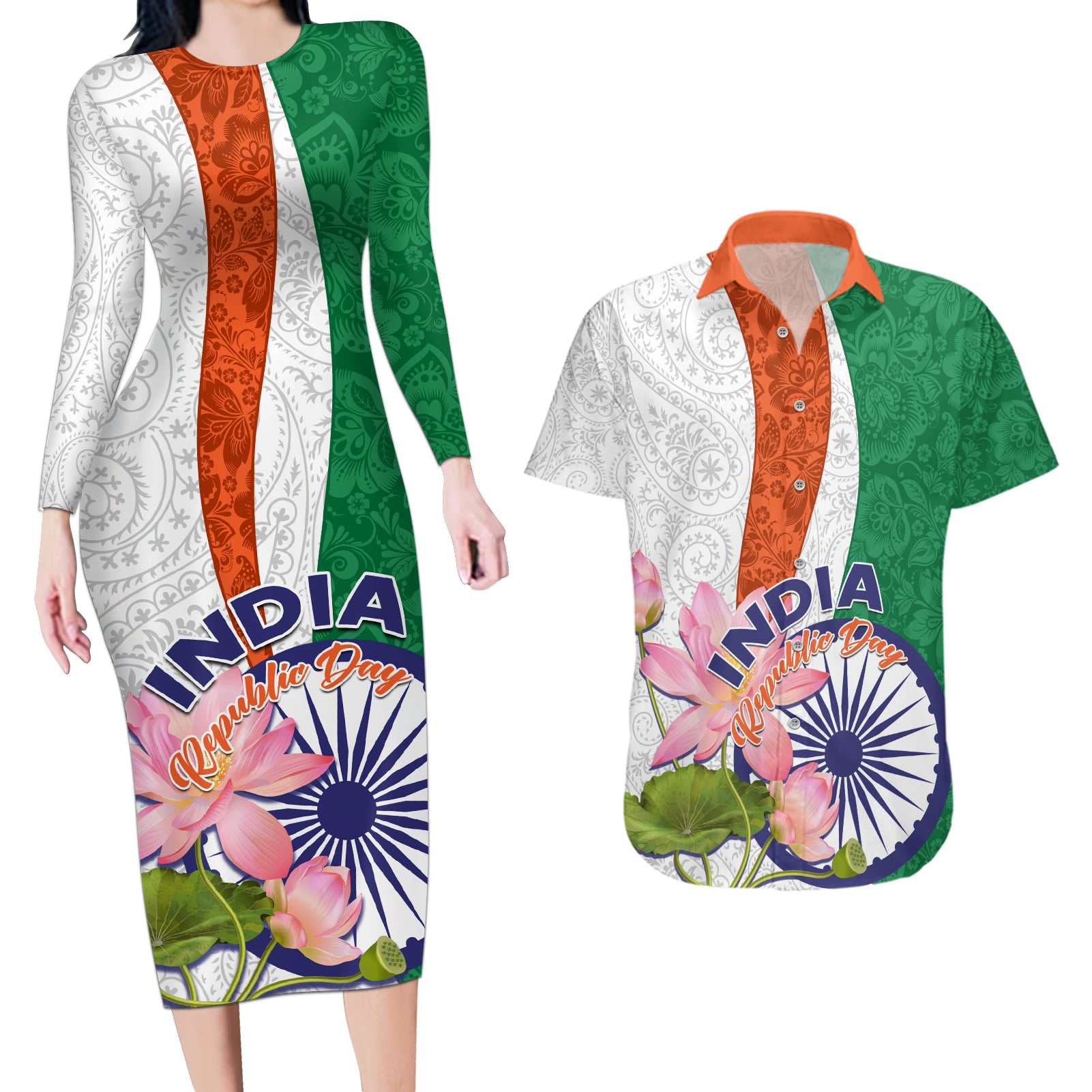 India Republic Day Couples Matching Long Sleeve Bodycon Dress and Hawaiian Shirt Lotus Floral Paisley Pattern - Wonder Print Shop