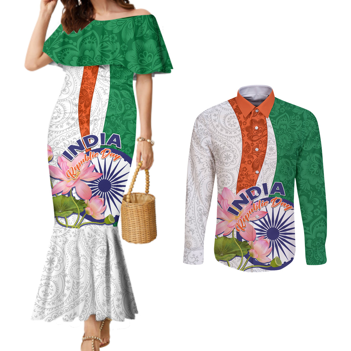 india-republic-day-couples-matching-mermaid-dress-and-long-sleeve-button-shirt-lotus-floral-paisley-pattern