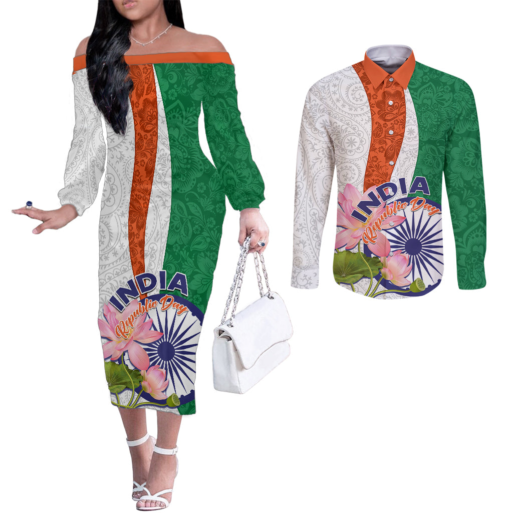 india-republic-day-couples-matching-off-the-shoulder-long-sleeve-dress-and-long-sleeve-button-shirt-lotus-floral-paisley-pattern