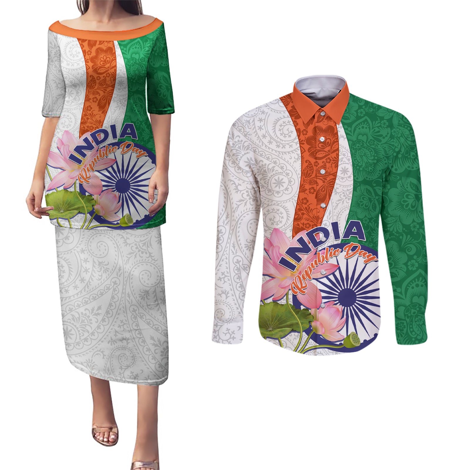 India Republic Day Couples Matching Puletasi and Long Sleeve Button Shirt Lotus Floral Paisley Pattern - Wonder Print Shop