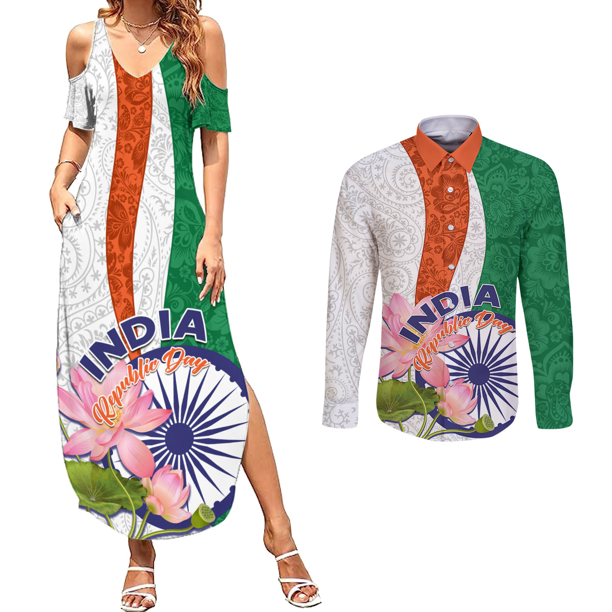 India Republic Day Couples Matching Summer Maxi Dress and Long Sleeve Button Shirt Lotus Floral Paisley Pattern - Wonder Print Shop