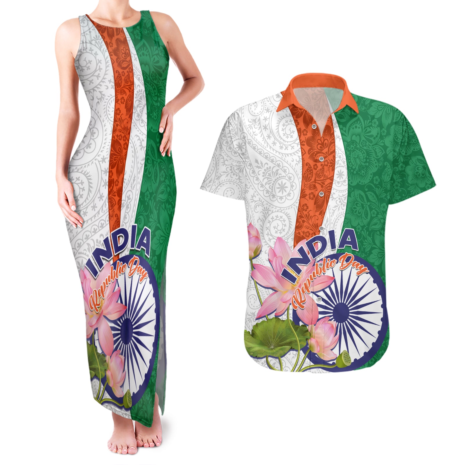 India Republic Day Couples Matching Tank Maxi Dress and Hawaiian Shirt Lotus Floral Paisley Pattern - Wonder Print Shop