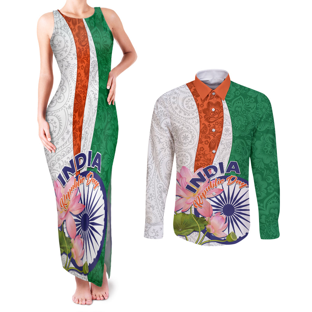 India Republic Day Couples Matching Tank Maxi Dress and Long Sleeve Button Shirt Lotus Floral Paisley Pattern - Wonder Print Shop