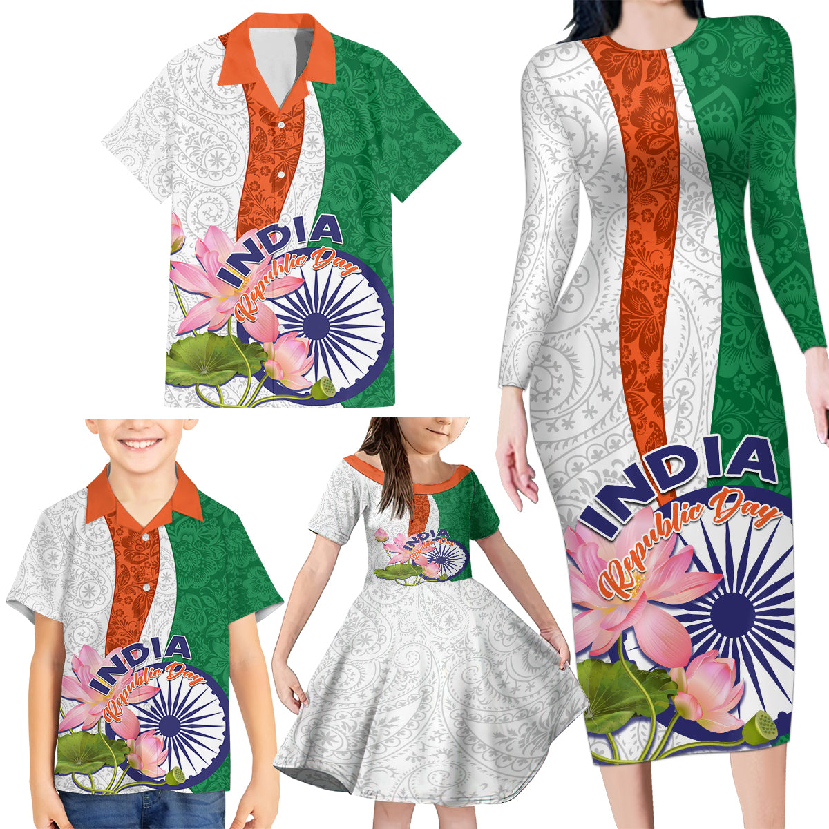 India Republic Day Family Matching Long Sleeve Bodycon Dress and Hawaiian Shirt Lotus Floral Paisley Pattern - Wonder Print Shop