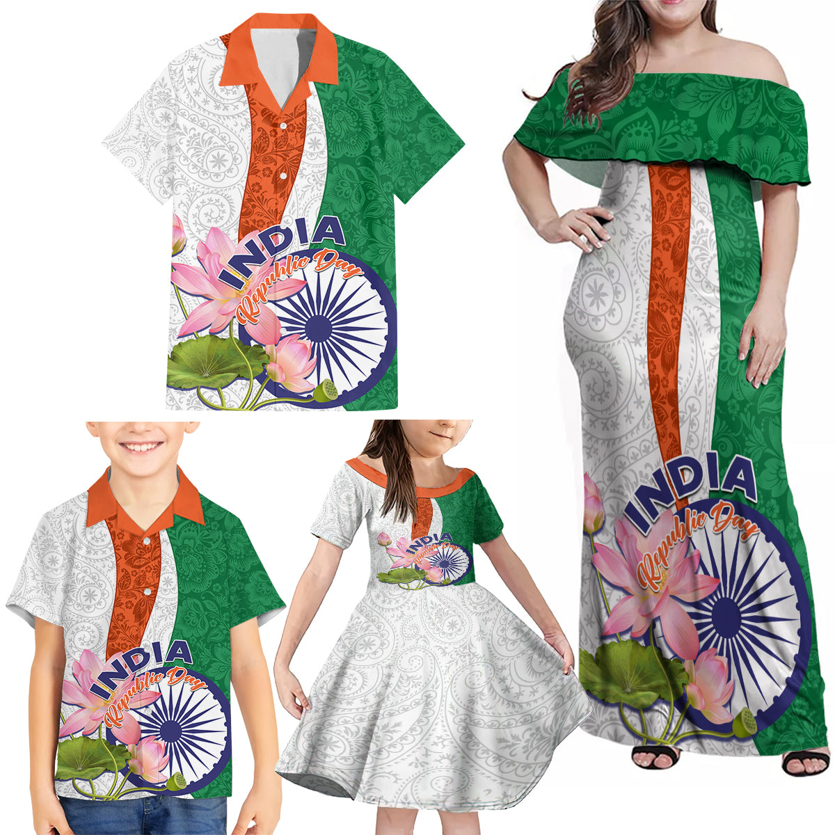 India Republic Day Family Matching Off Shoulder Maxi Dress and Hawaiian Shirt Lotus Floral Paisley Pattern - Wonder Print Shop