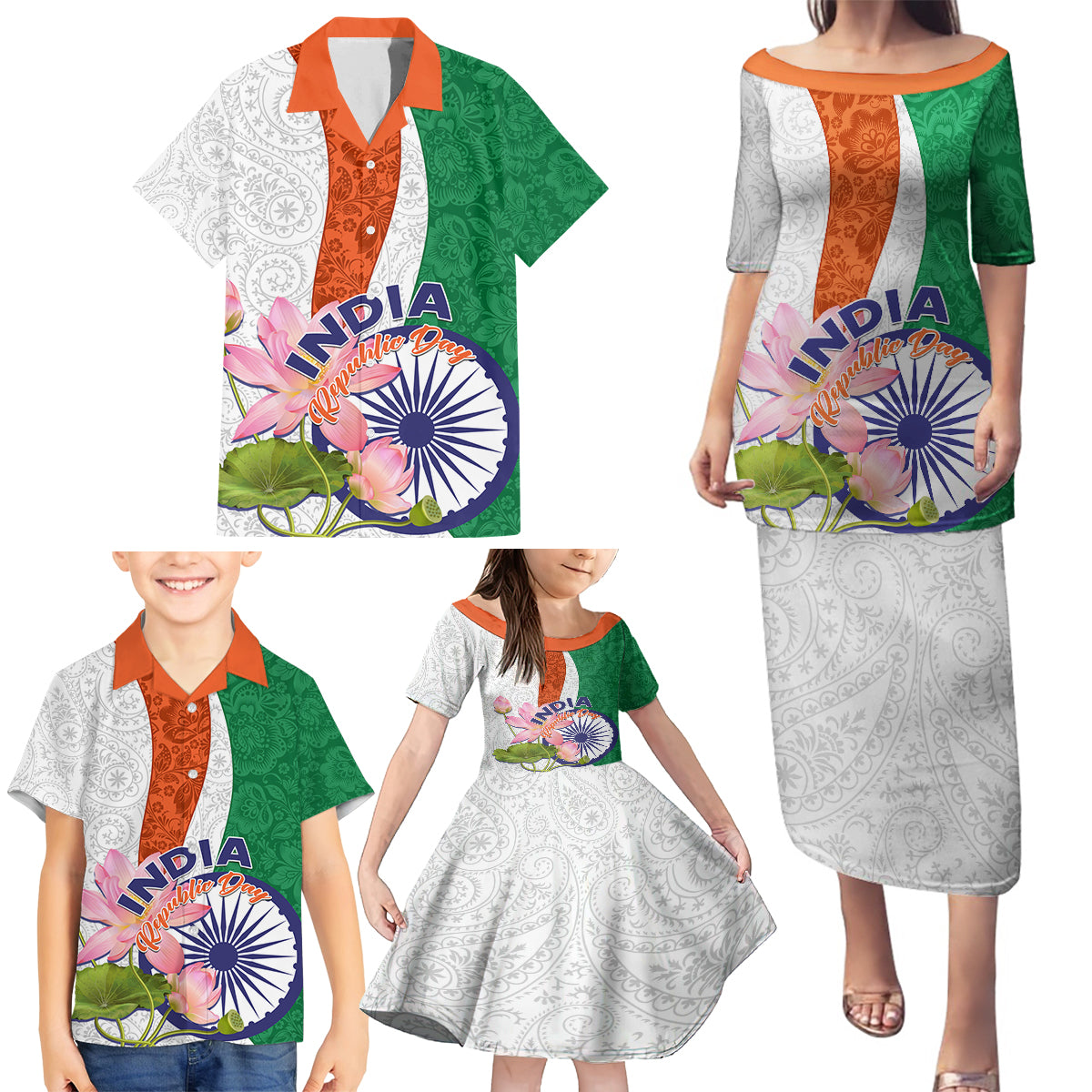 India Republic Day Family Matching Puletasi and Hawaiian Shirt Lotus Floral Paisley Pattern - Wonder Print Shop