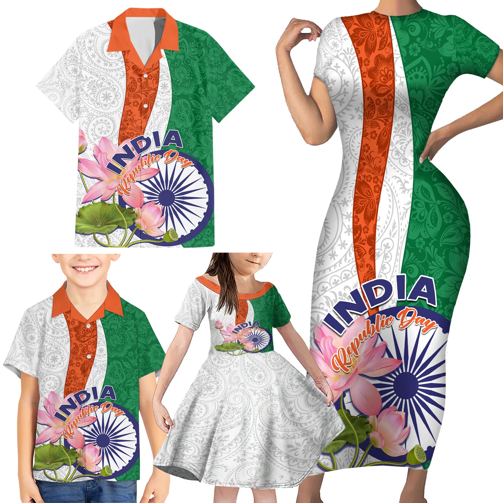 India Republic Day Family Matching Short Sleeve Bodycon Dress and Hawaiian Shirt Lotus Floral Paisley Pattern - Wonder Print Shop