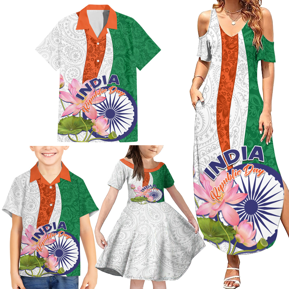 India Republic Day Family Matching Summer Maxi Dress and Hawaiian Shirt Lotus Floral Paisley Pattern - Wonder Print Shop