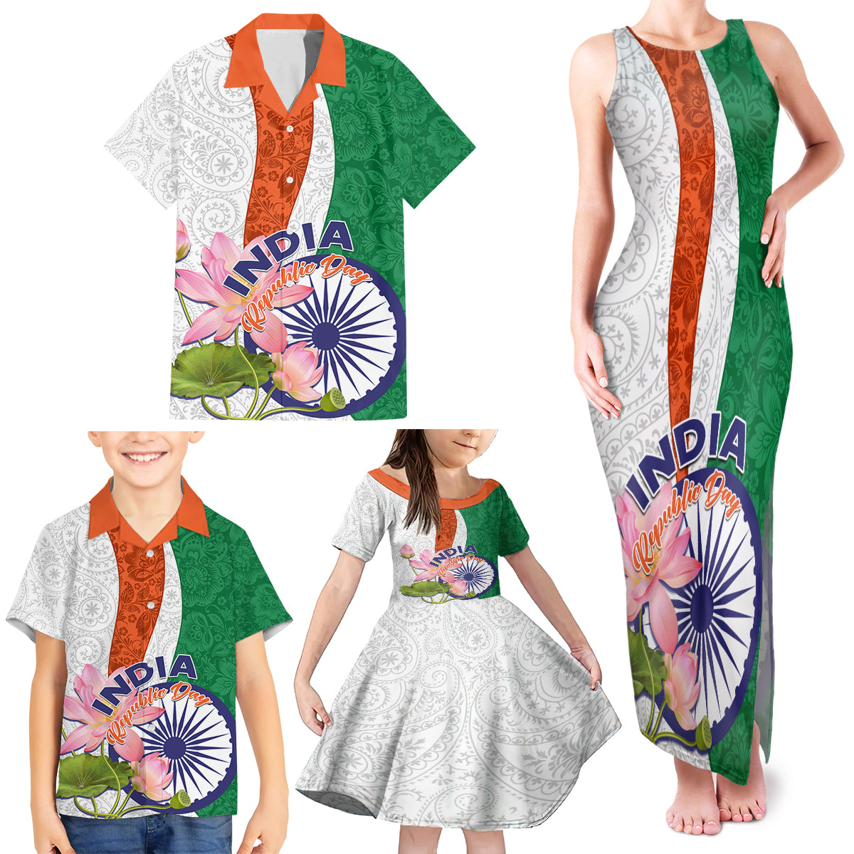 India Republic Day Family Matching Tank Maxi Dress and Hawaiian Shirt Lotus Floral Paisley Pattern - Wonder Print Shop