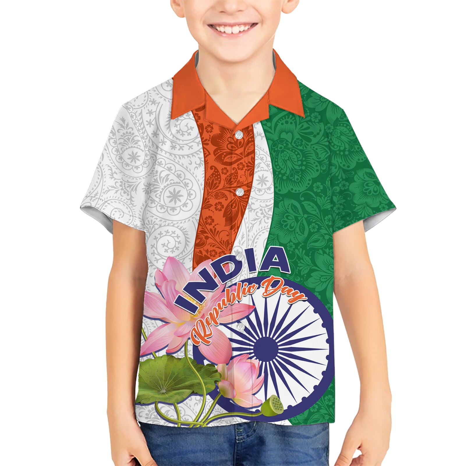 India Republic Day Kid Hawaiian Shirt Lotus Floral Paisley Pattern - Wonder Print Shop