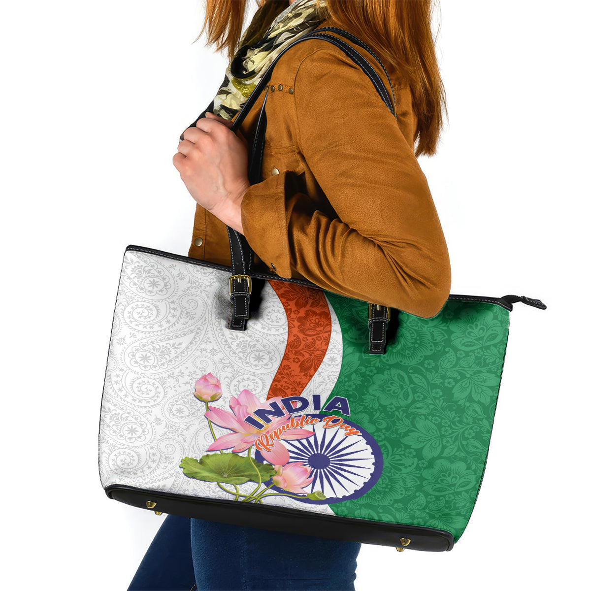 India Republic Day Leather Tote Bag Lotus Floral Paisley Pattern - Wonder Print Shop