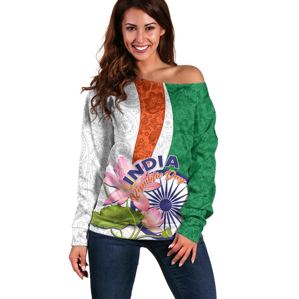 India Republic Day Off Shoulder Sweater Lotus Floral Paisley Pattern - Wonder Print Shop